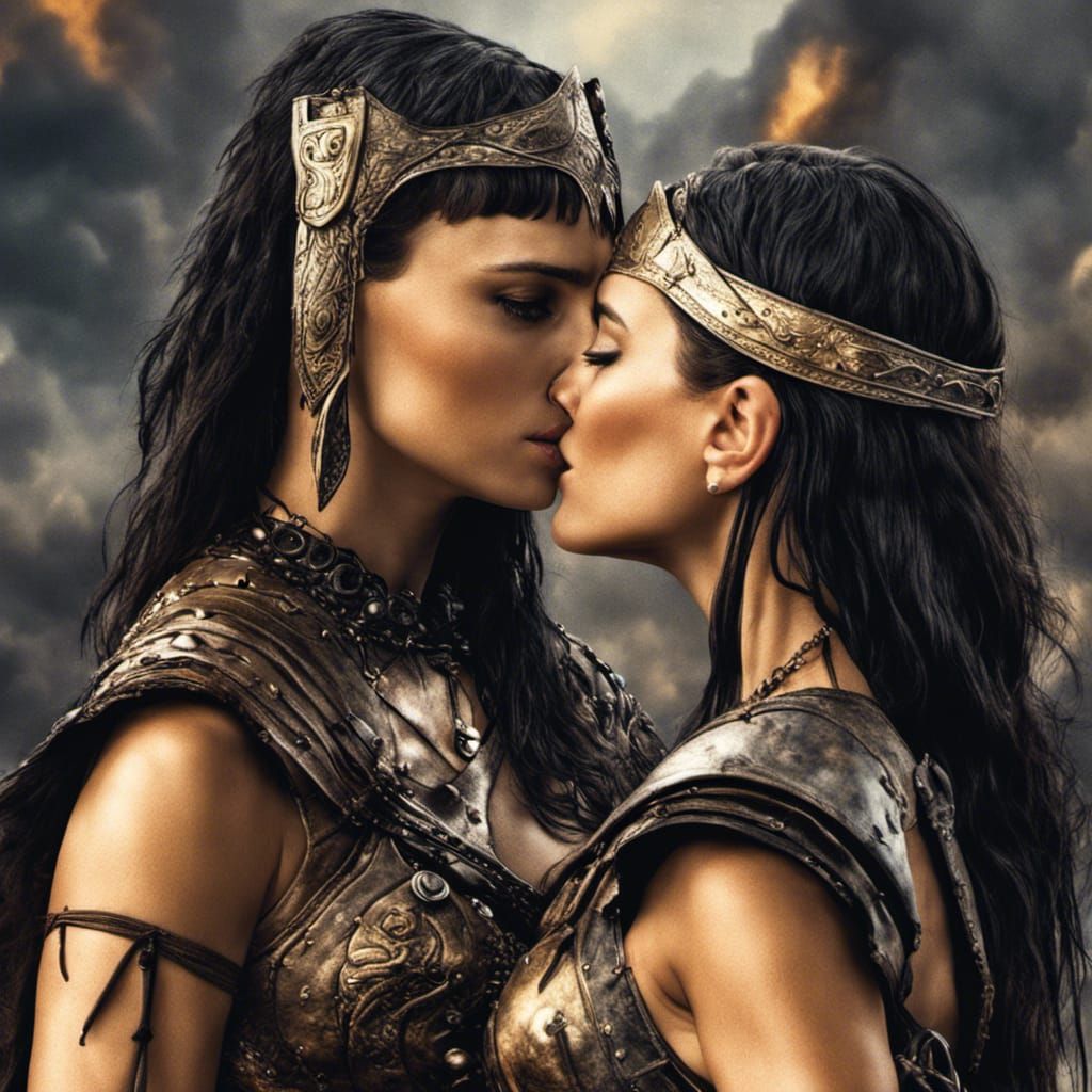 Hyperrealistic Warrior Women Embrace in Moody, High-Contrast...