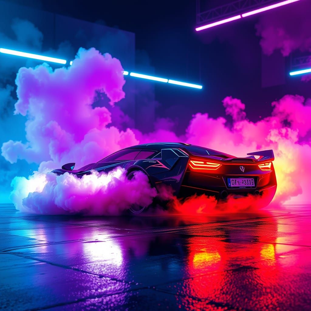 Sports Car Emerges from Neon Smoke in Cyberpunk Style