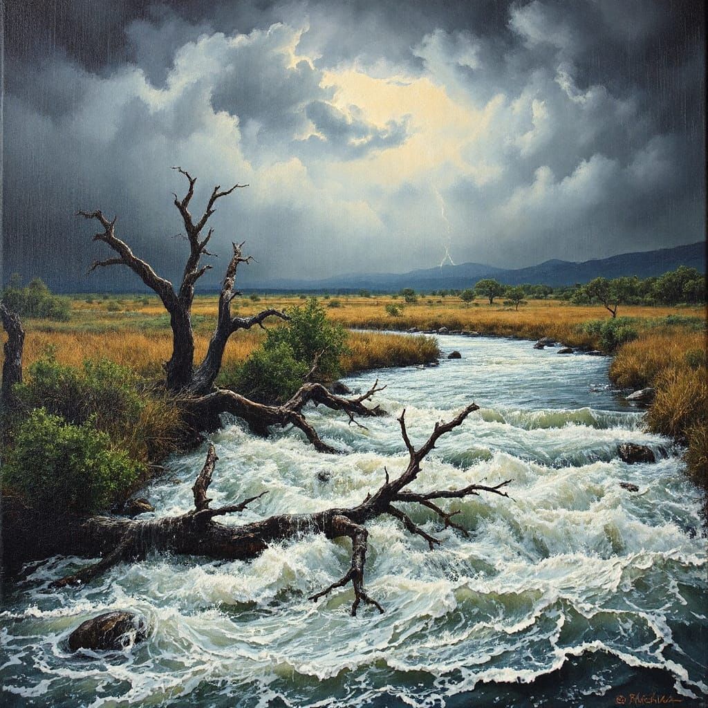 Stormy African Landscape with Raging River and Torrential Ra...