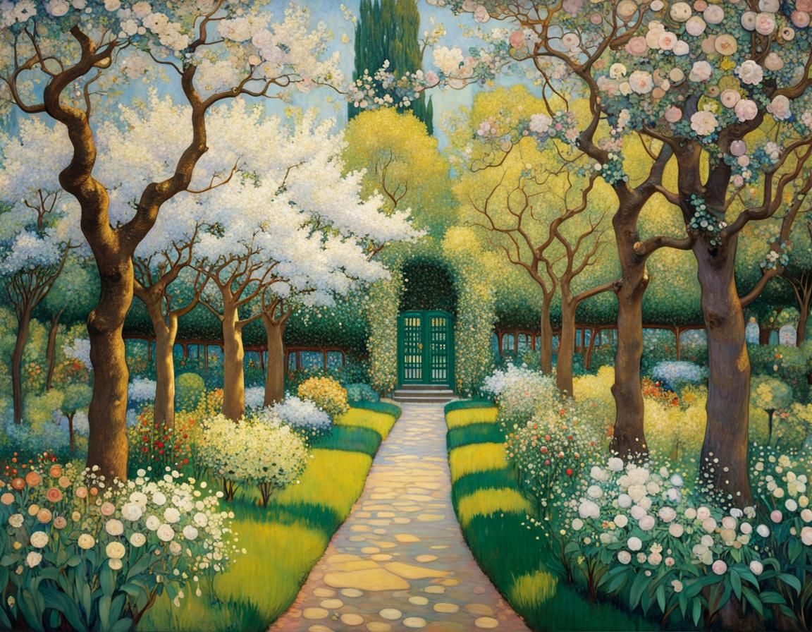 Blossoming Apple Garden in Intricate, Impressionist Style