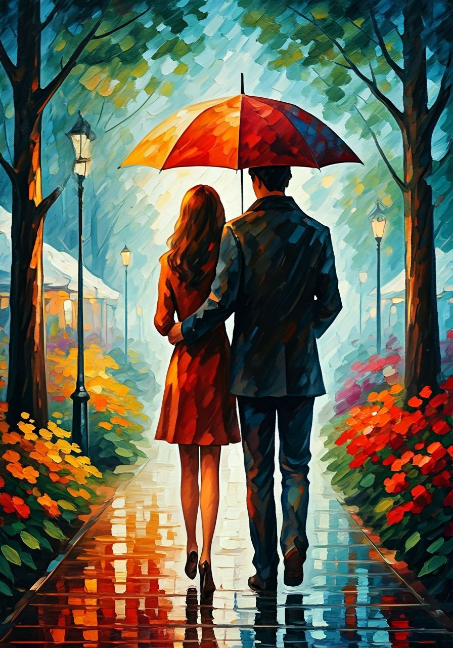 Romantic Couple in Rainy Garden: Impressionist Palette Knife...