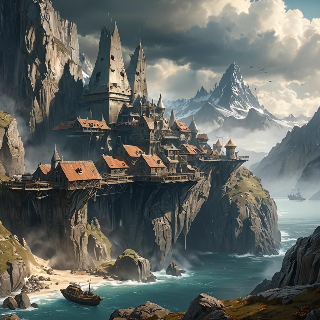 Dwarven Mountain Town with Airship Hangar