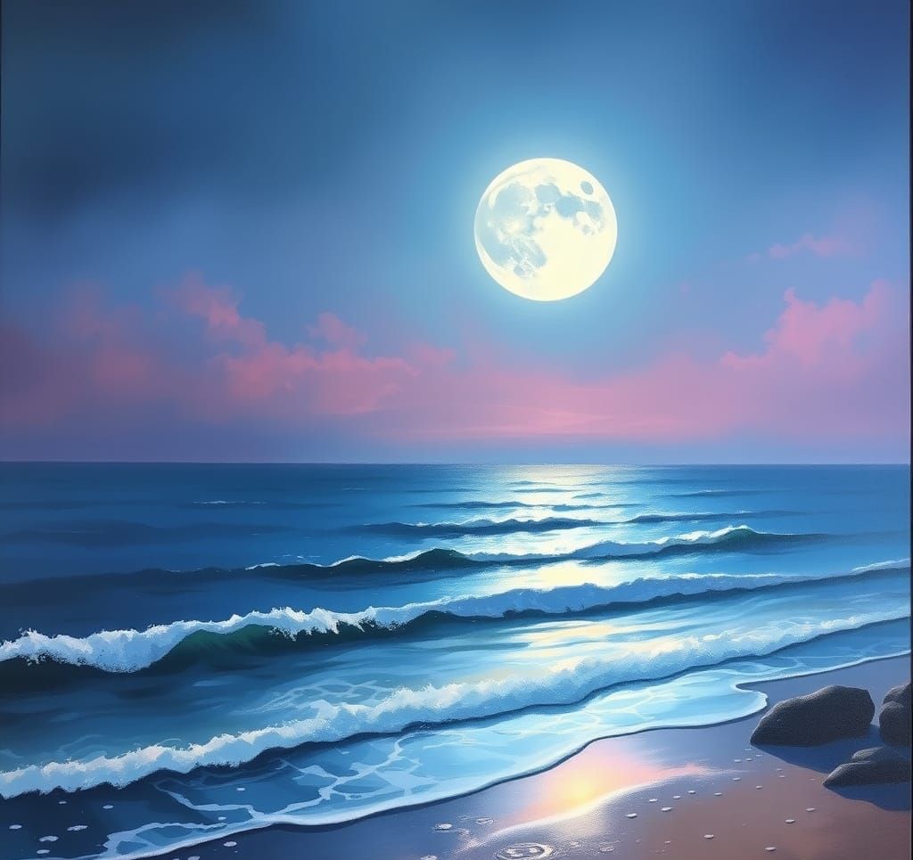Twilight Seascape with Enormous Moon in Impressionistic Styl...