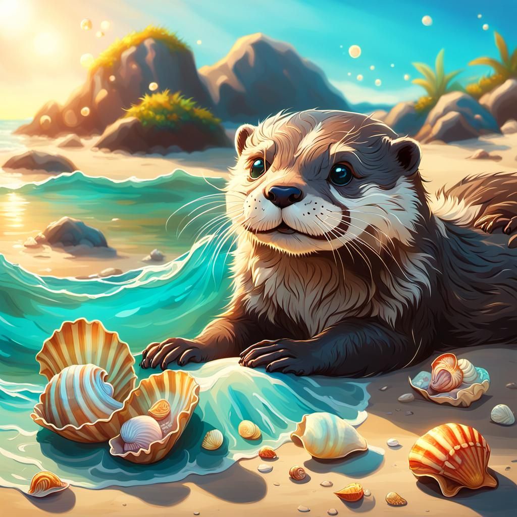 Whimsical Beach Otter in Vibrant Oil Painting Style