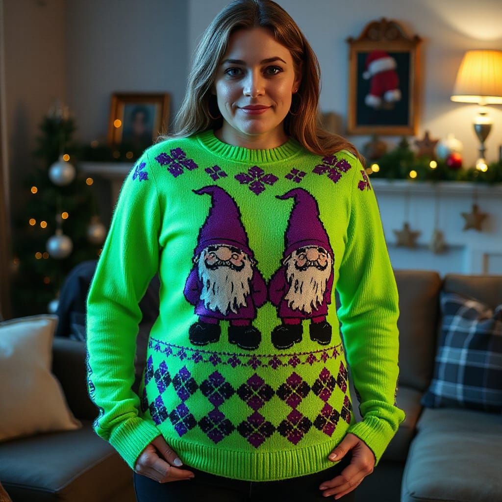 Woman in Ugly Neon Christmas Sweater with Naughty Gnomes