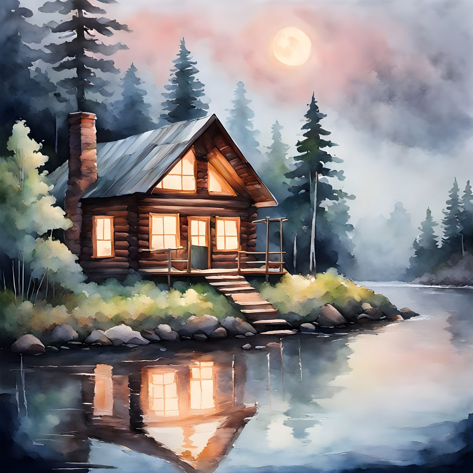 Dreamy Watercolor Cabin by Moonlit River in Canada
