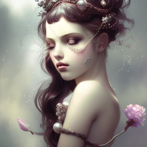 Emo Girl Portrait with Pearl Headpiece, Detailed Art