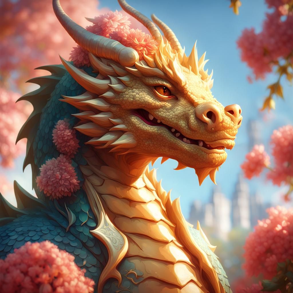 Happy Dragon Portrait in Sunshine, Hyperdetailed Art