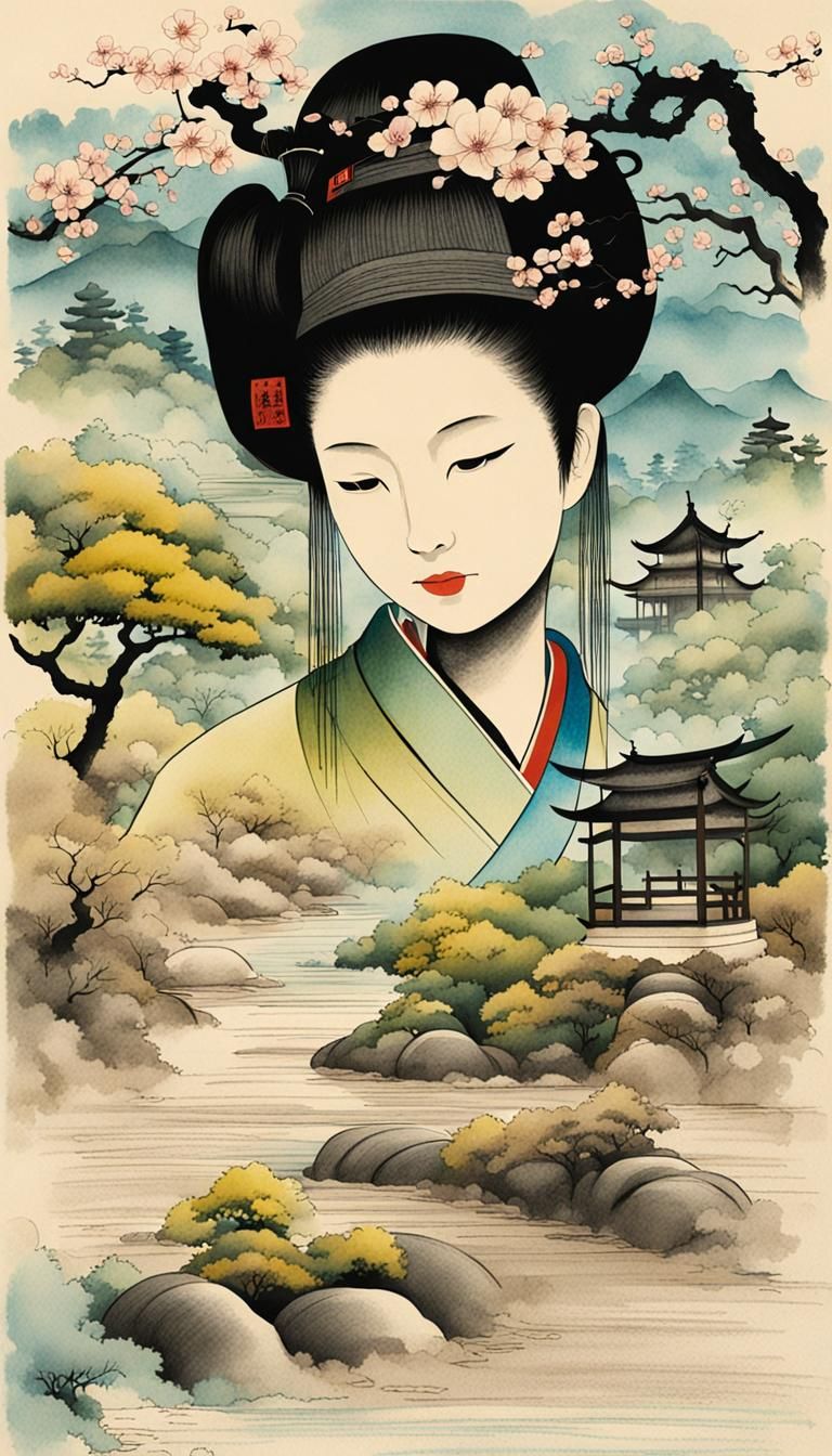 Kenroku-en Garden Ink Drawing in Chinese Style