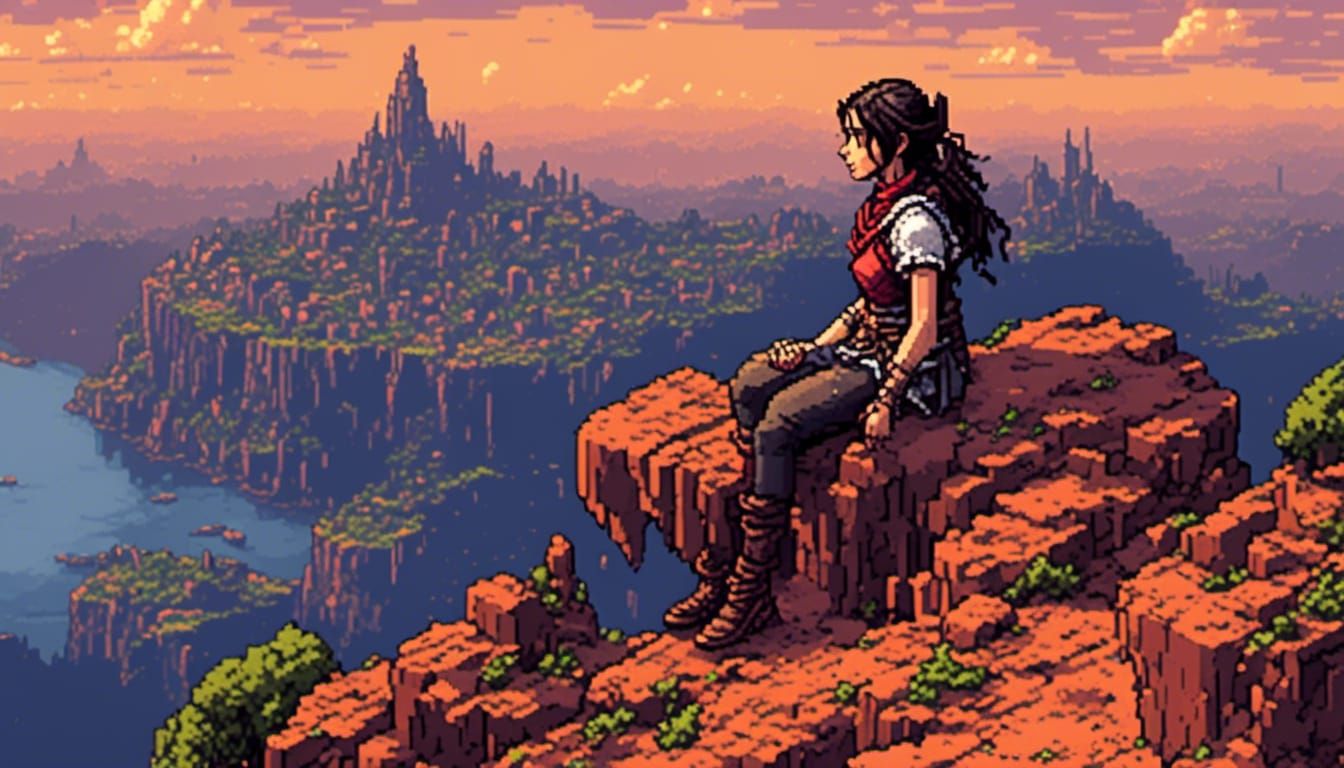 Pixel Art: Woman Overlooking Ruined Geothermal City