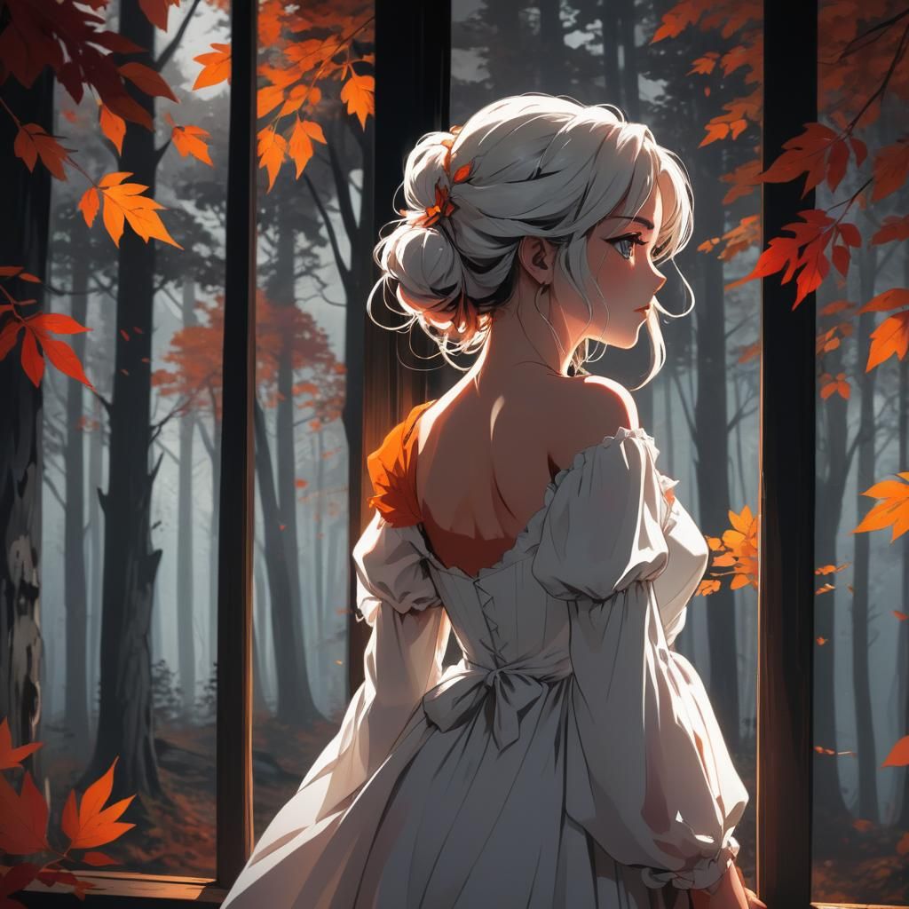 Woman in White Dress: Anime Forest Scene