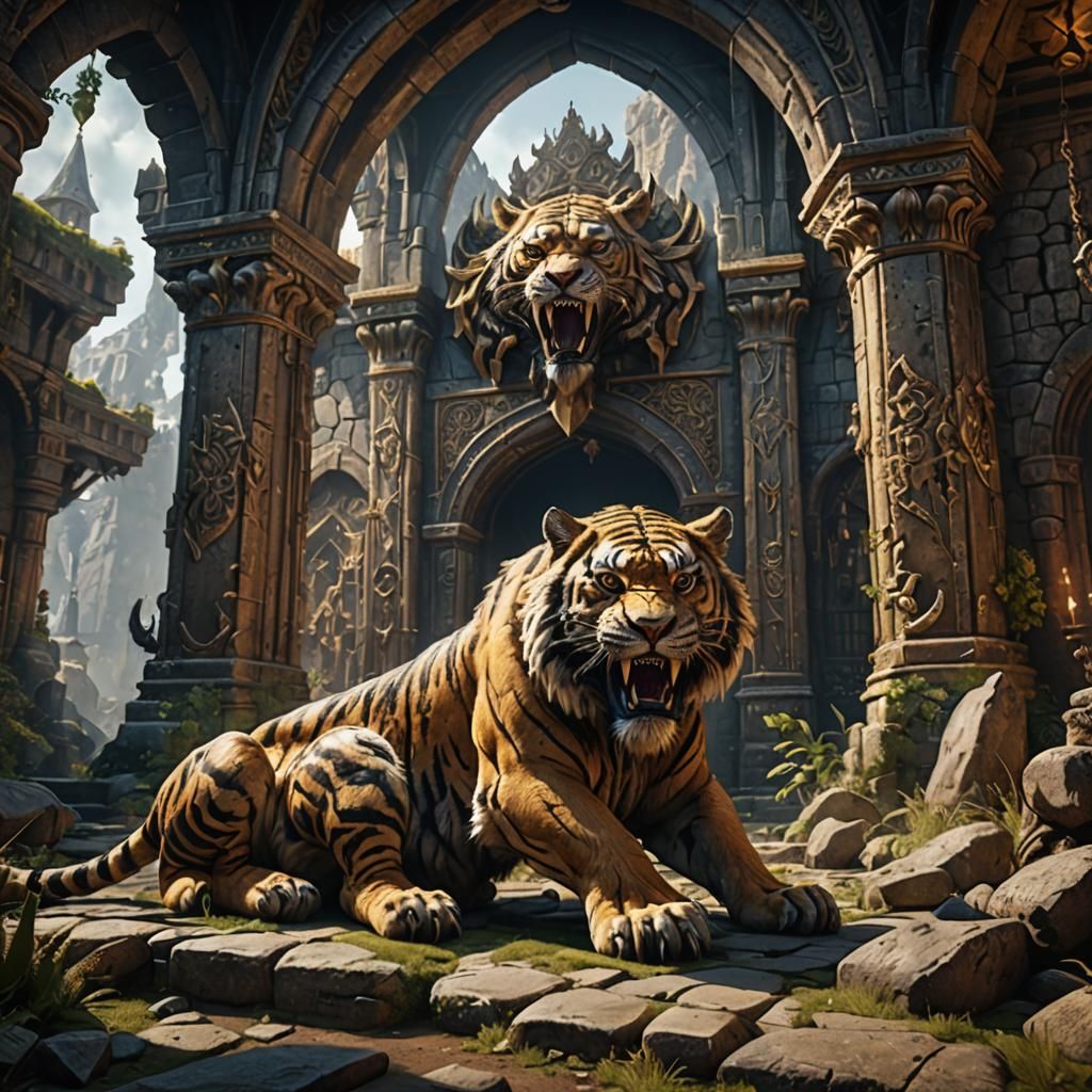 Medieval Lair Sabertooth Tiger Fantasy Art
