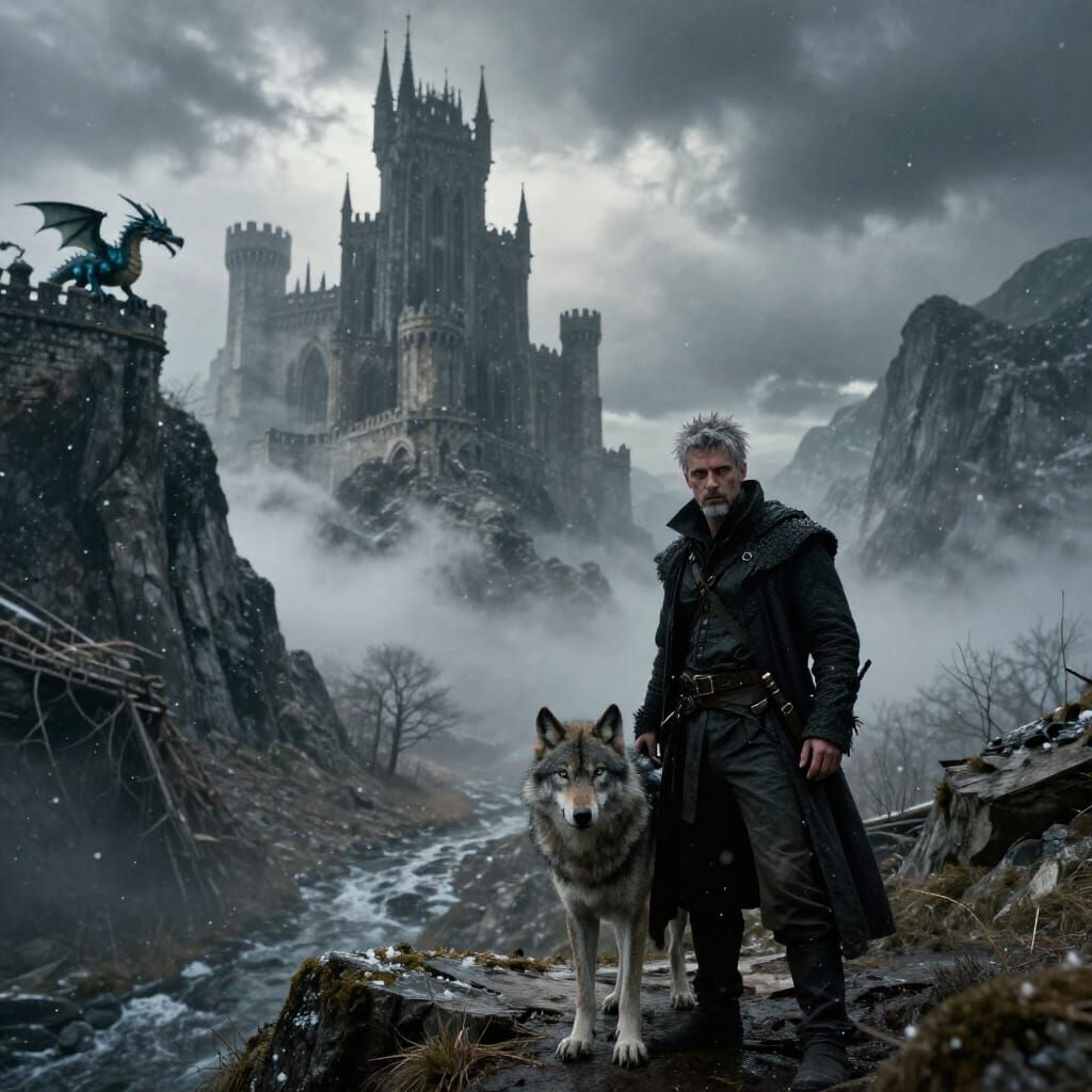 Rogue and Wolf at Mountain Pass with Gothic Castle