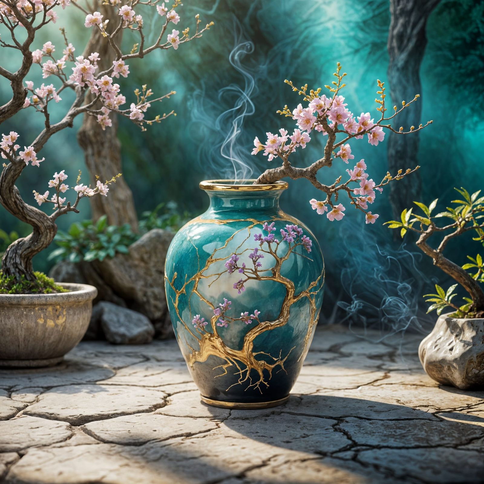 Kintsugi Vase with Colorful Smoke Bonsai