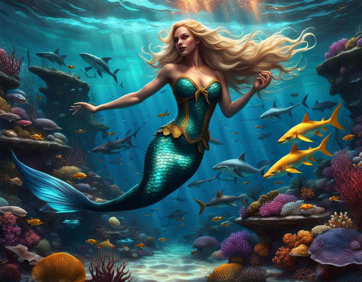 Enchanting Mermaid with Sharks, Dark Fantasy Art