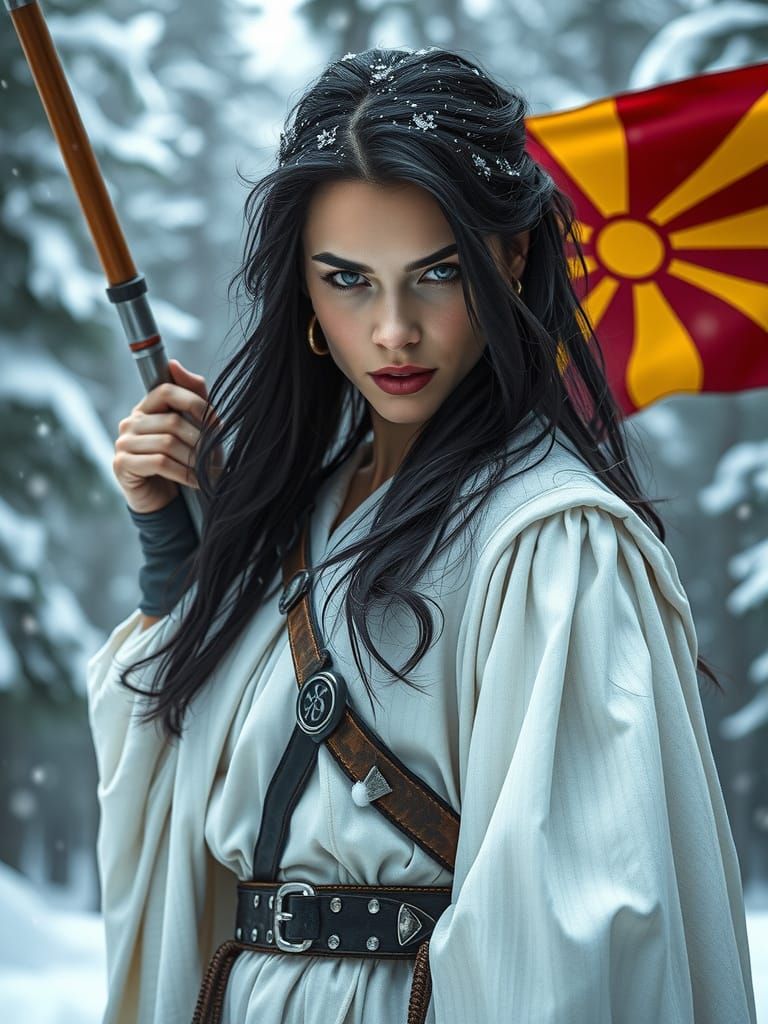 Woman Warrior Waving Flag in Dystopian Winter