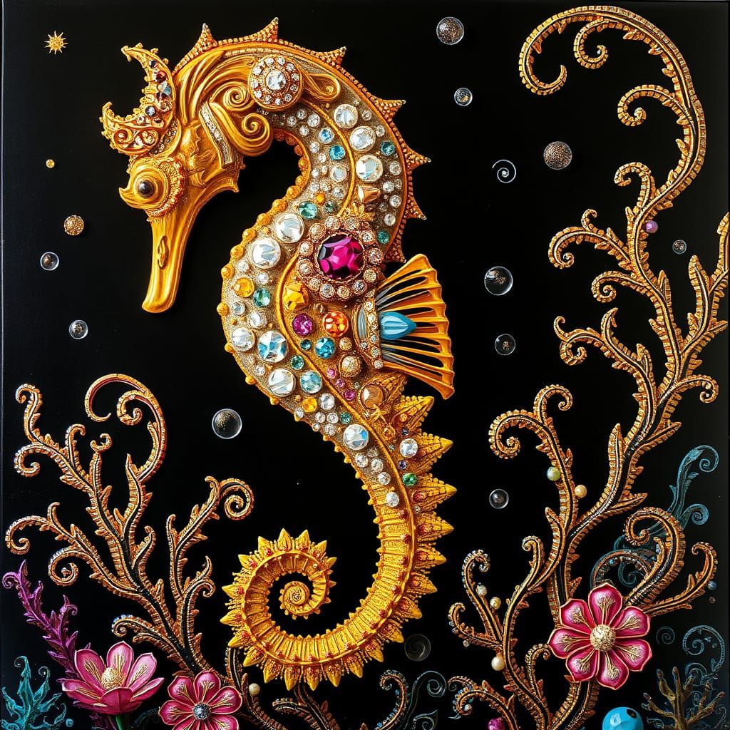 Psychedelic Seahorse in Op Art Futurism Style