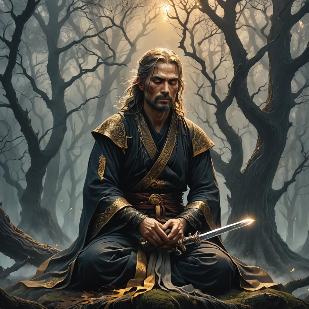 Sword Master Meditating in a Misty Forest