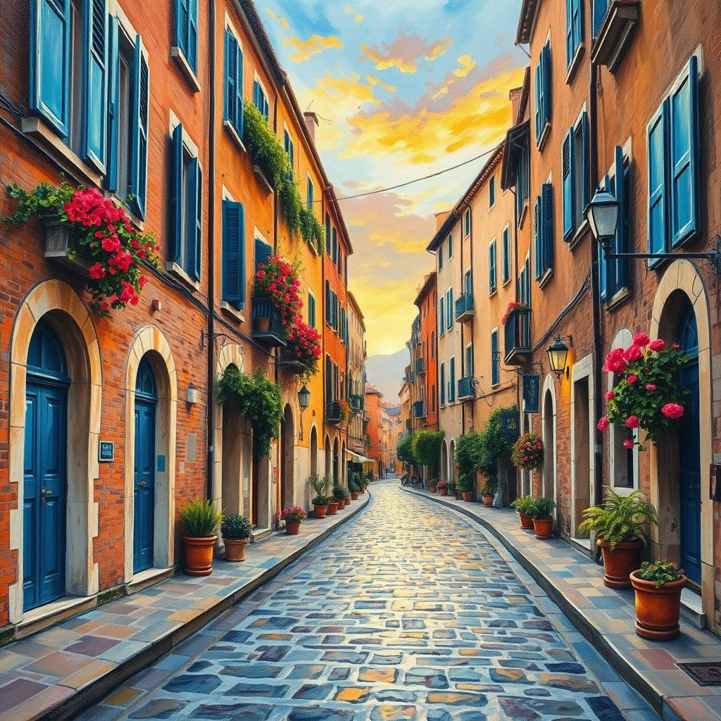 Italian Alleyway at Golden Hour in Impressionistic Style