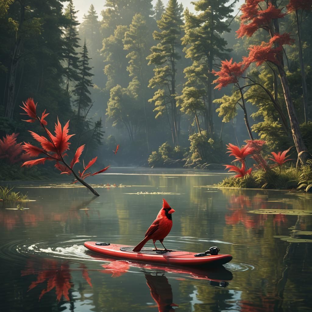 Cardinal Bird on Paddle Board: Fantasy Concept Art