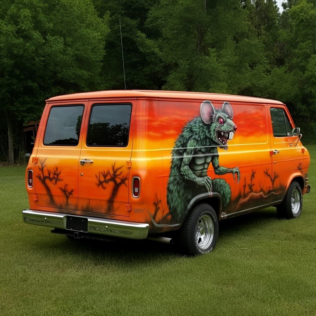 Vibrant Airbrushed Ratfink Van in Sunset Landscape