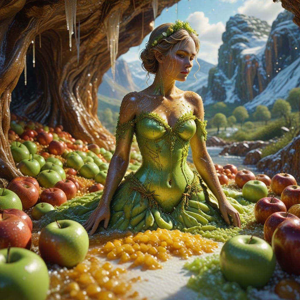 Whimsical Apple Goddess in a Pastry Fantasy