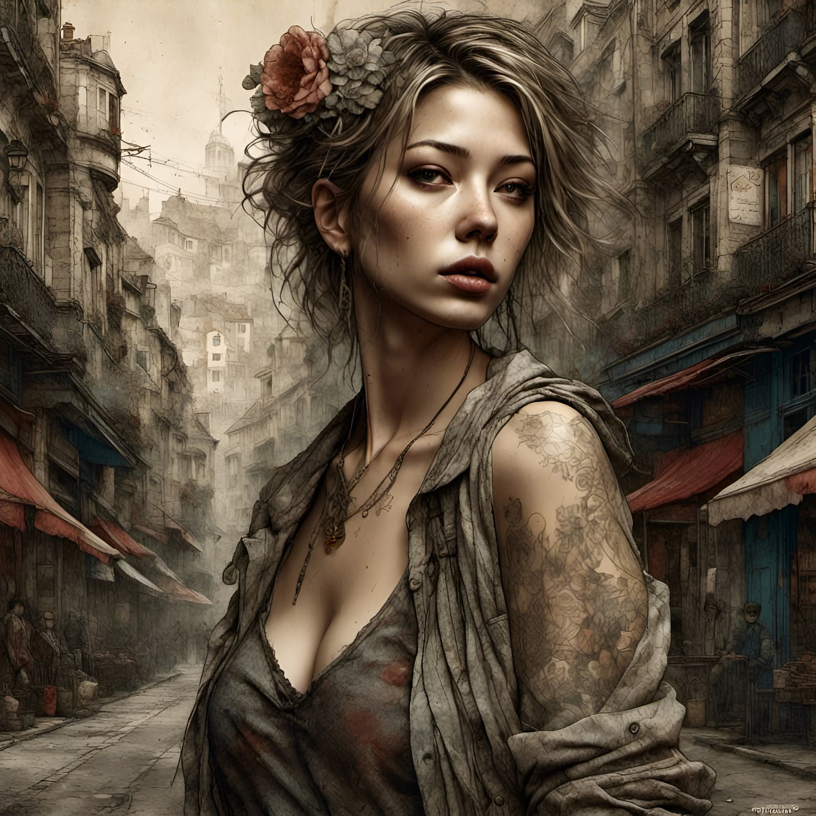 Parisian Lady on City Streets in Detailed Matte Painting