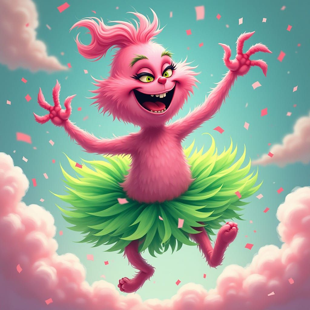 Whimsical Pink Grinch in Joyful Dance