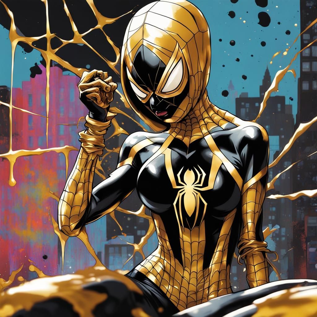 Spider-Girl in White and Gold Suit as Graffiti Art