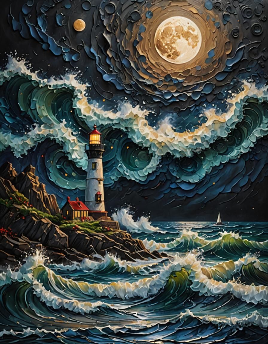Lighthouse and Waves: Impasto Painting with Moody Moon