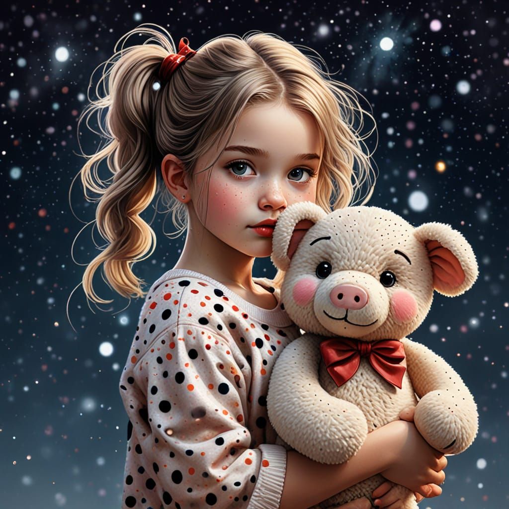 Watercolor Girl with Teddy Bear in Pointillist Style