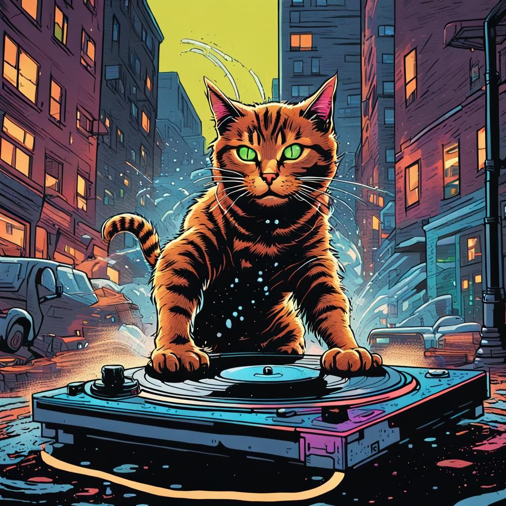 Neon-Lit Comic Book Cat Breakdancing in City