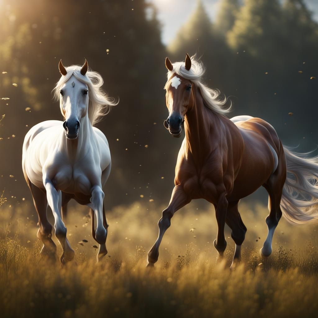 Horses Galloping Freely in Sunlit Meadow
