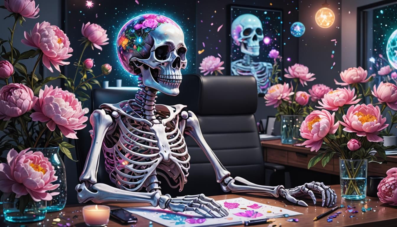 Girly Skeleton at Desk with Peonies, Cosmic Illustration