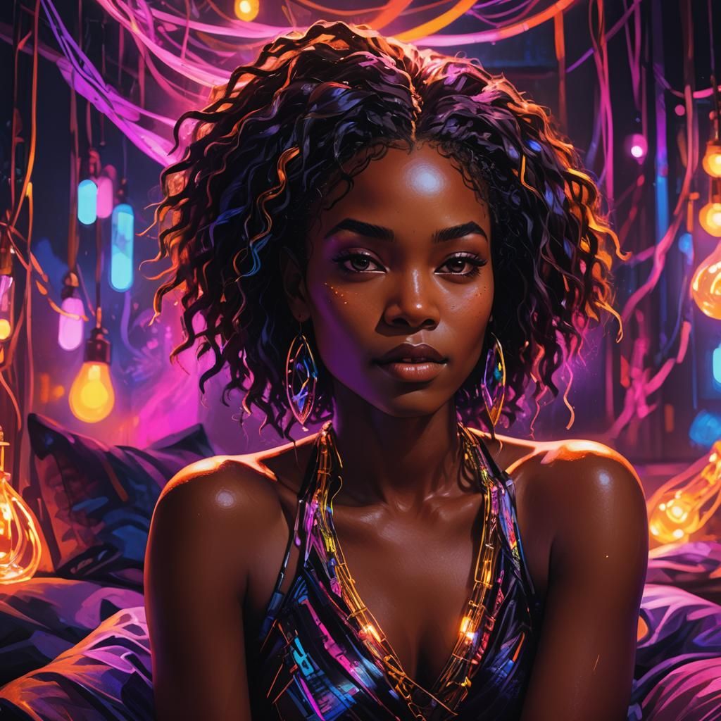 Neon Fantasy Portrait of Woman with Soft Ink Strokes