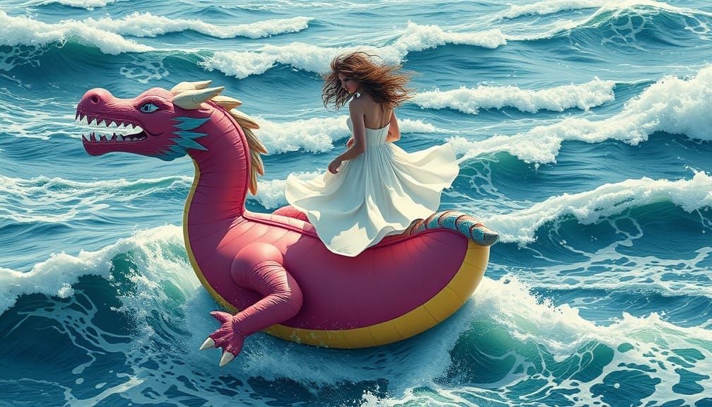 Surreal Woman Rides Colourful Inflatable Dragon in Stormy Se...