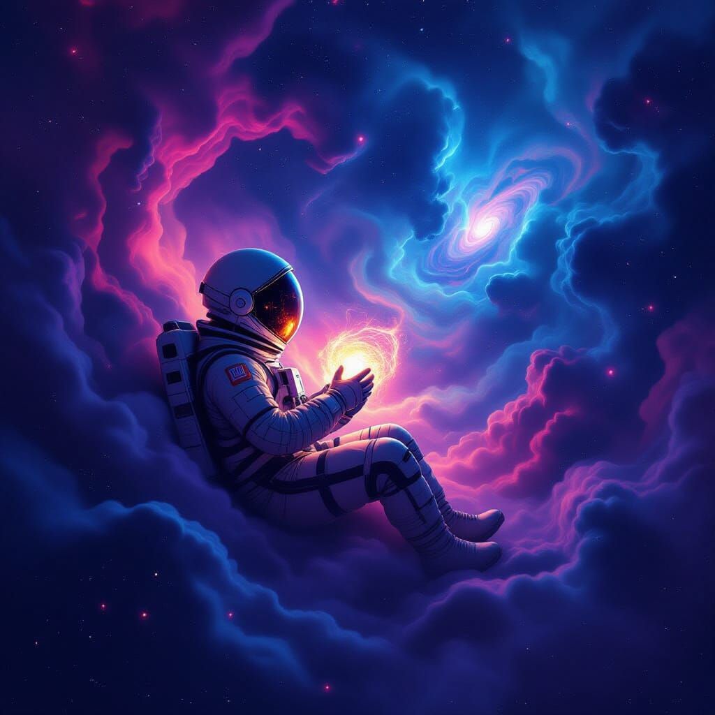 Astronaut Adrift in Cosmic Nebula with Ancient Artifact
