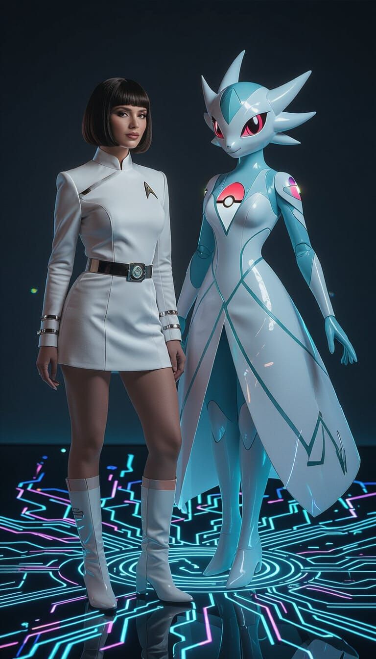 Starfleet Witch and Pokémon Ally in Ethereal Sci-Fi Scene