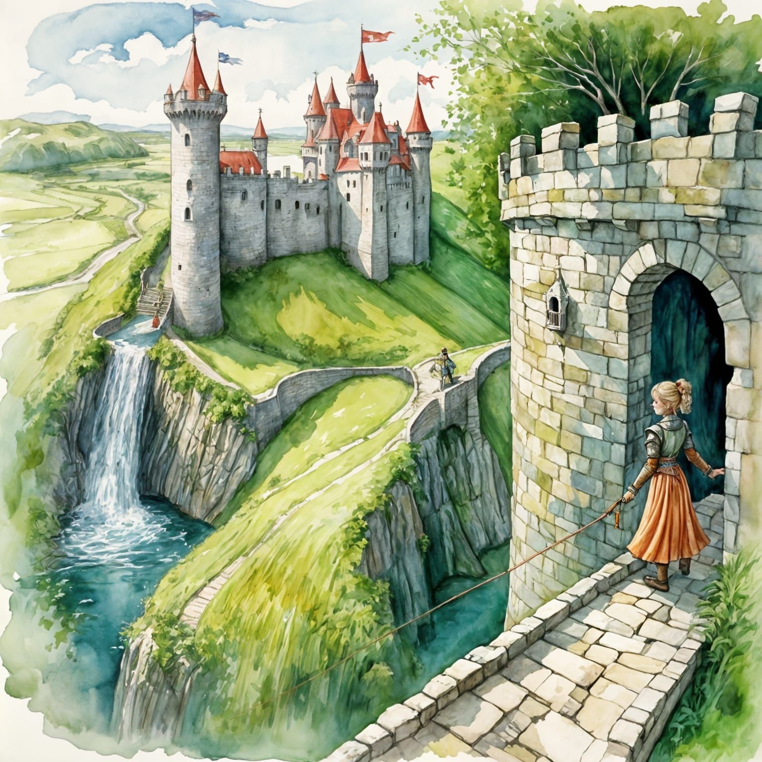 Princess Rescues Knight: Pastel Watercolor Storybook Scene