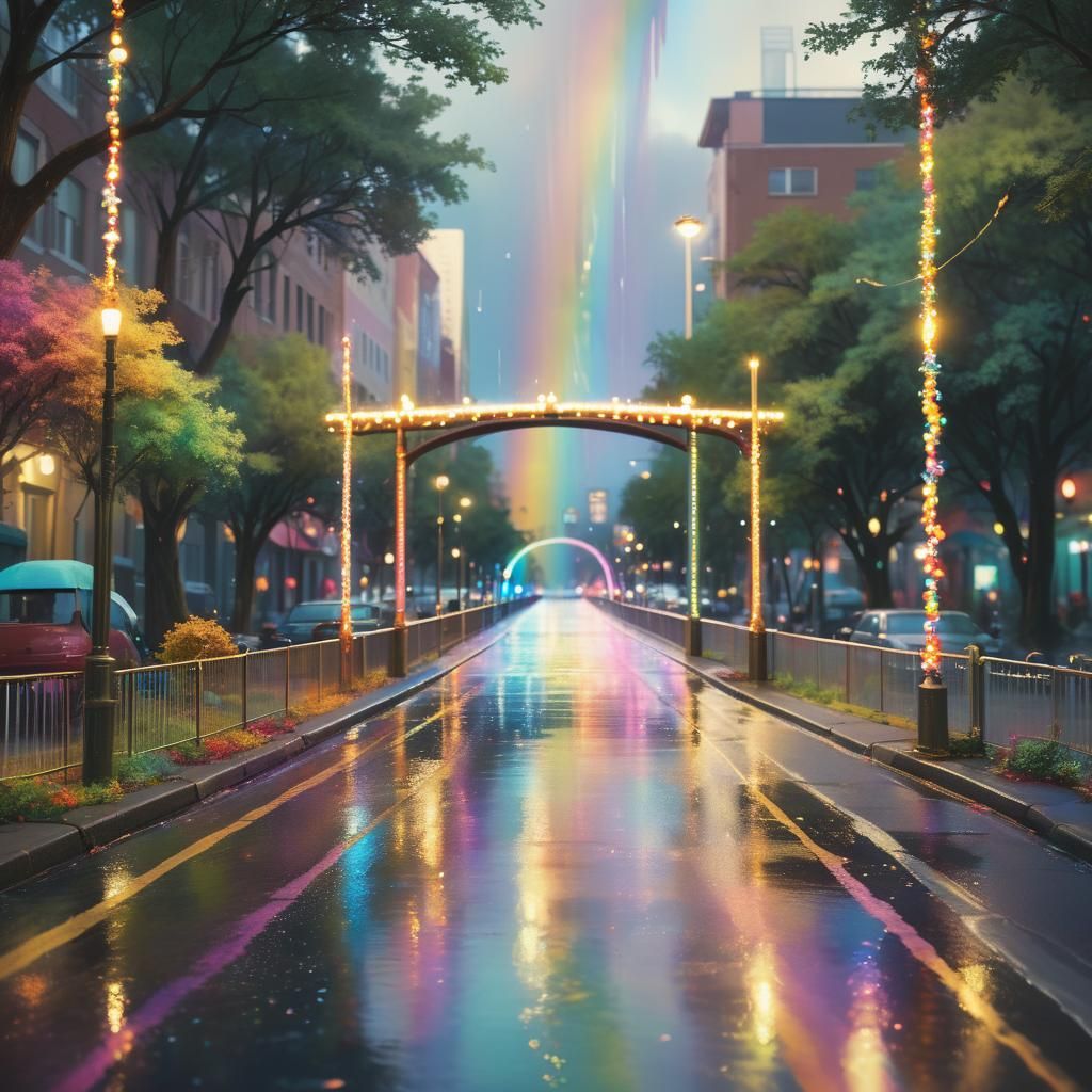 Rainbow Bridge Over City Street in Oil Painting Style