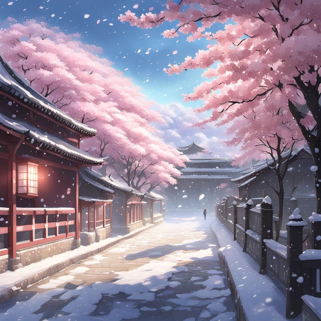 Cherry Blossom in Falling Snow: 3D Anime Art