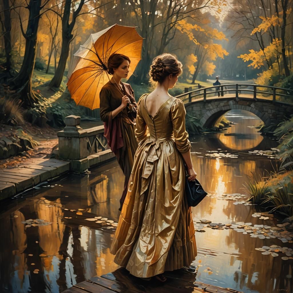 Woman on Bridge in Dutch Masters Oil Painting Style