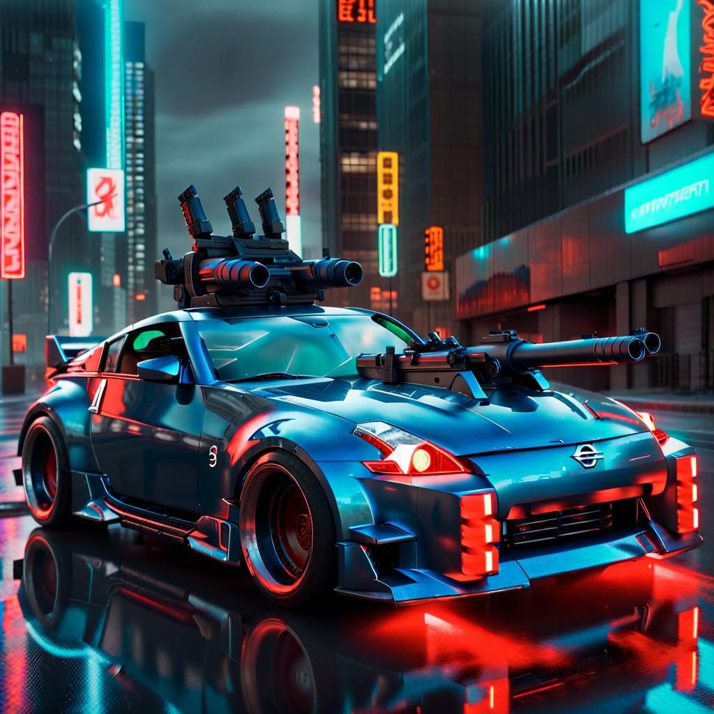 Cyberpunk Metallic Blue Car with Red Neon Lighting and Heavy...