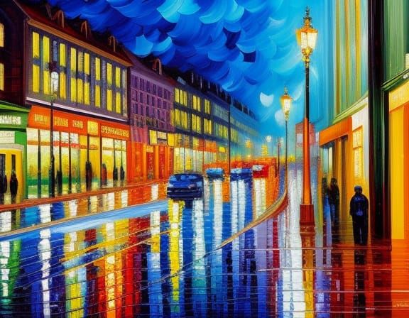 Impressionist Rainy Cityscape Painting with Motion Blur