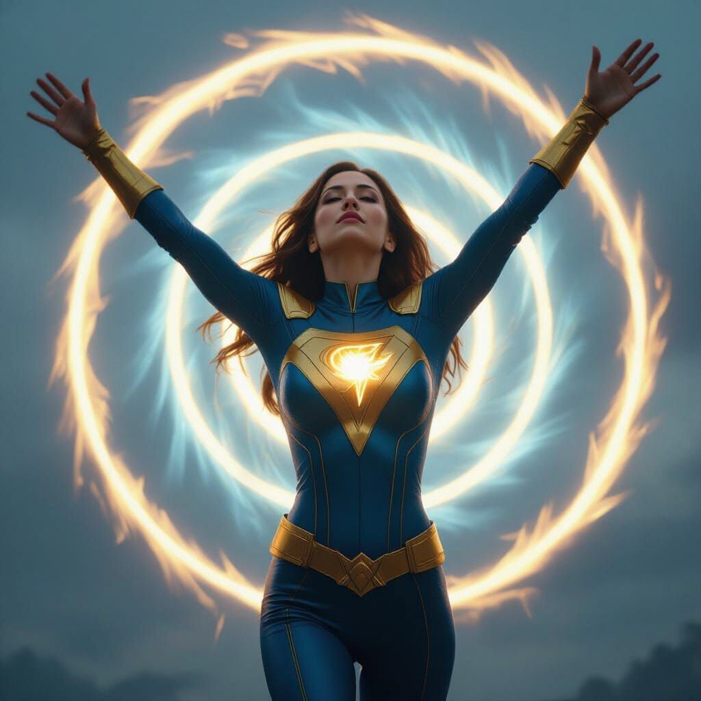 Female Superhero Spins Hypnotically in Blue and Gold Costume