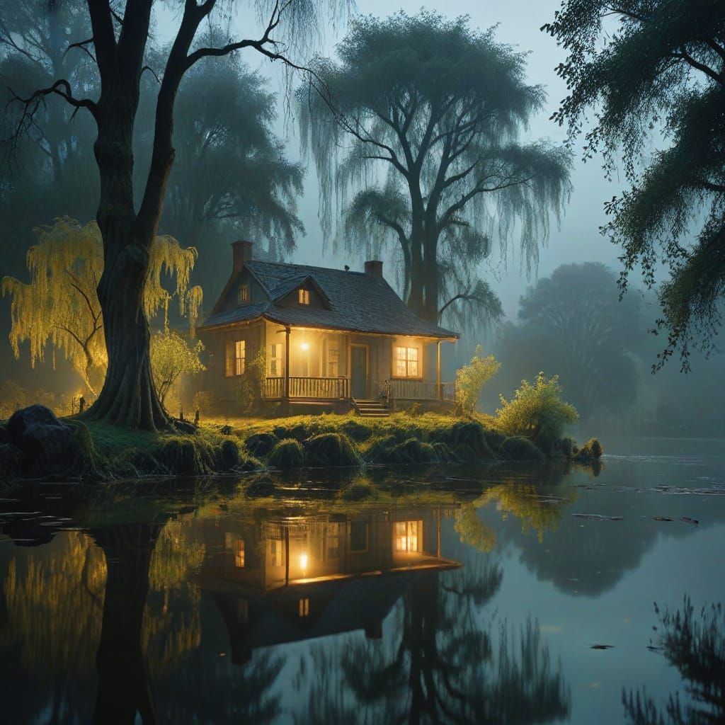 Misty Lake Landscape with Weeping Willow in Moonlight
