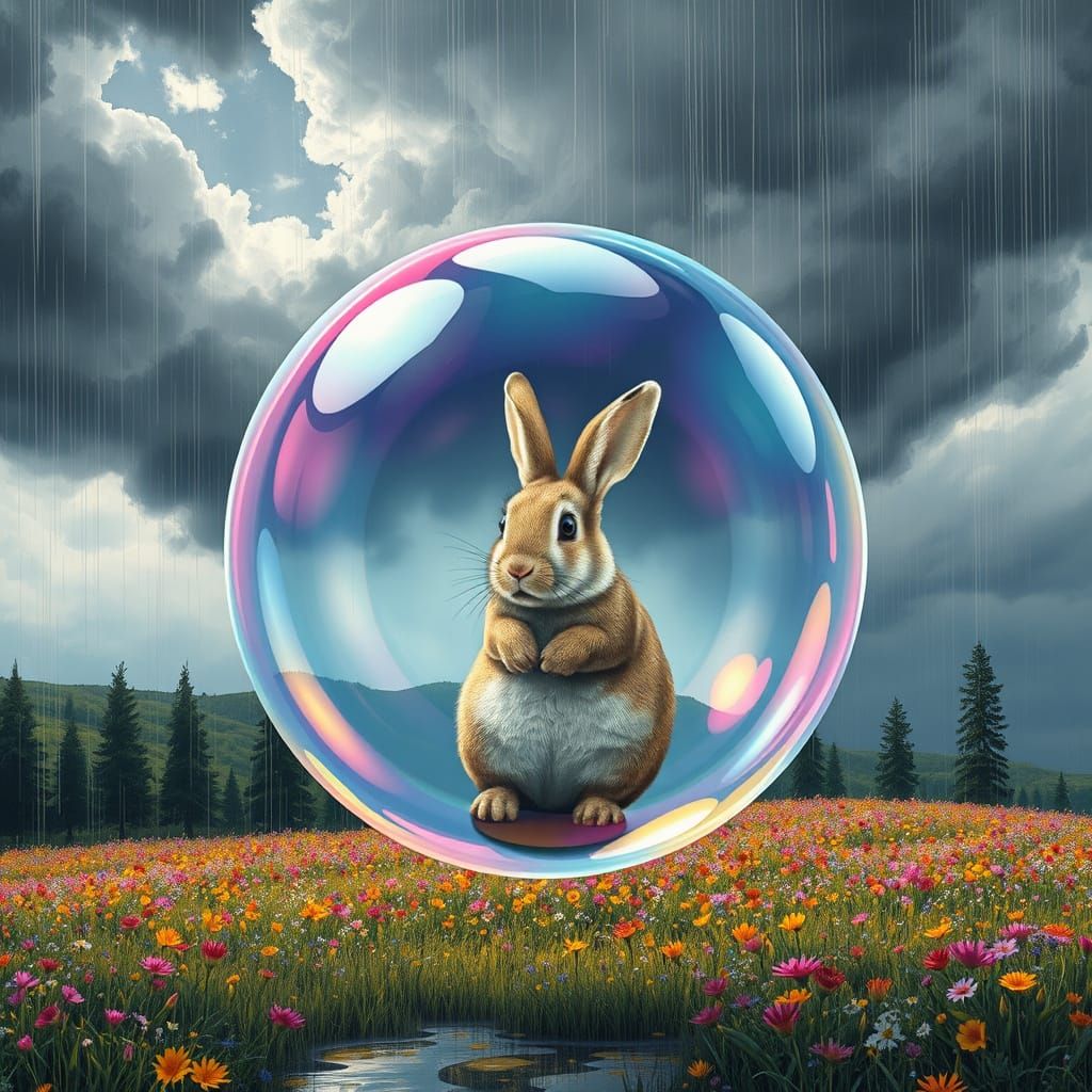 Bubble Protects Rabbit in Tempest, Surreal Graffiti Art