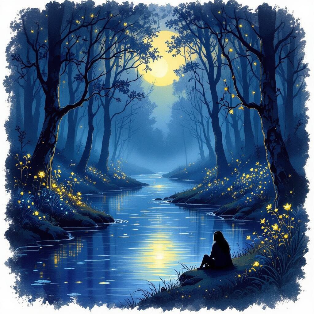 Bioluminescent Twilight Forest River Scene: Fairy Tale Illus...