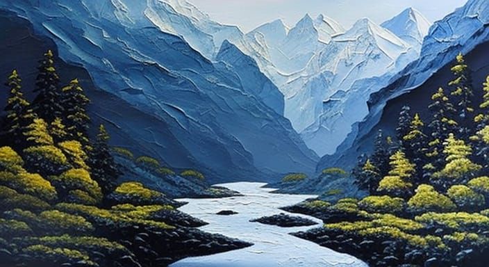 Snowy Mountain River Impasto Dark Fantasy Oil Painting
