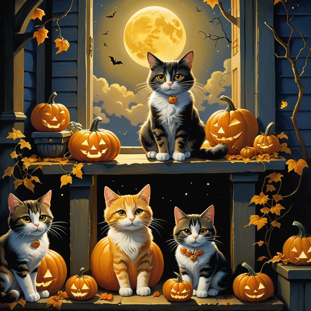 Cats on Halloween Porch, Monge Style